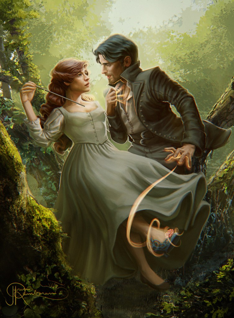 A white woman with auburn hair in a green gown leans back against a tree, pointing her wand downward while a white man with dark hair wearing a dark jacket leans toward her, holding his hand to her foot.