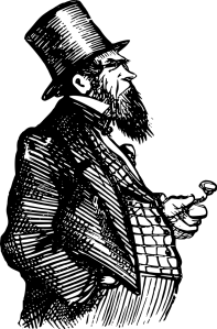 Cartoon figure of a white man with a bear and a top hat in a vest and coat holding a pipe, glaring with narrowed eyes.