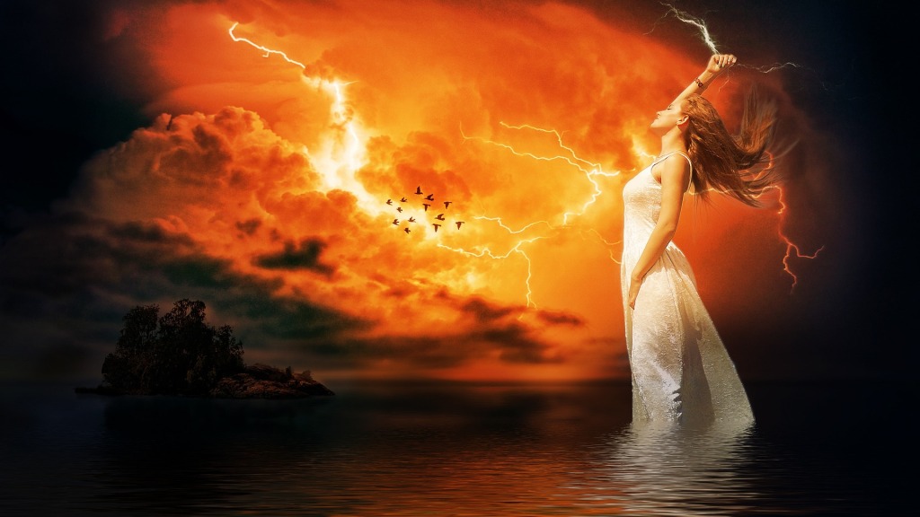 Image of a white woman standing in a body of water. She is wearing a white strapless dress and has auburn hair and is wielding a lightning bolt. Above is a red, angry sky, and she is about to bring it down upon the shadowed image of a small island.