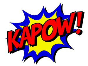 Comic style graphic reading KAPOW in red letters against a blue and yellow background.