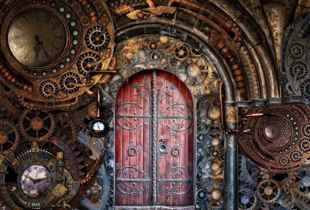 Image of a wooden door with intricate metal carvings surrounded by steampunk brass cogs, wheels, clocks, gears, etc. 