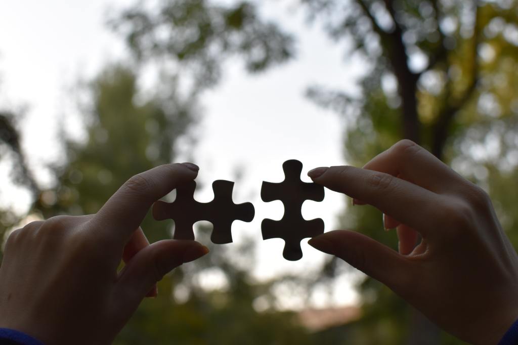 Photo of white hands backlit trying to put two puzzle pieces together.