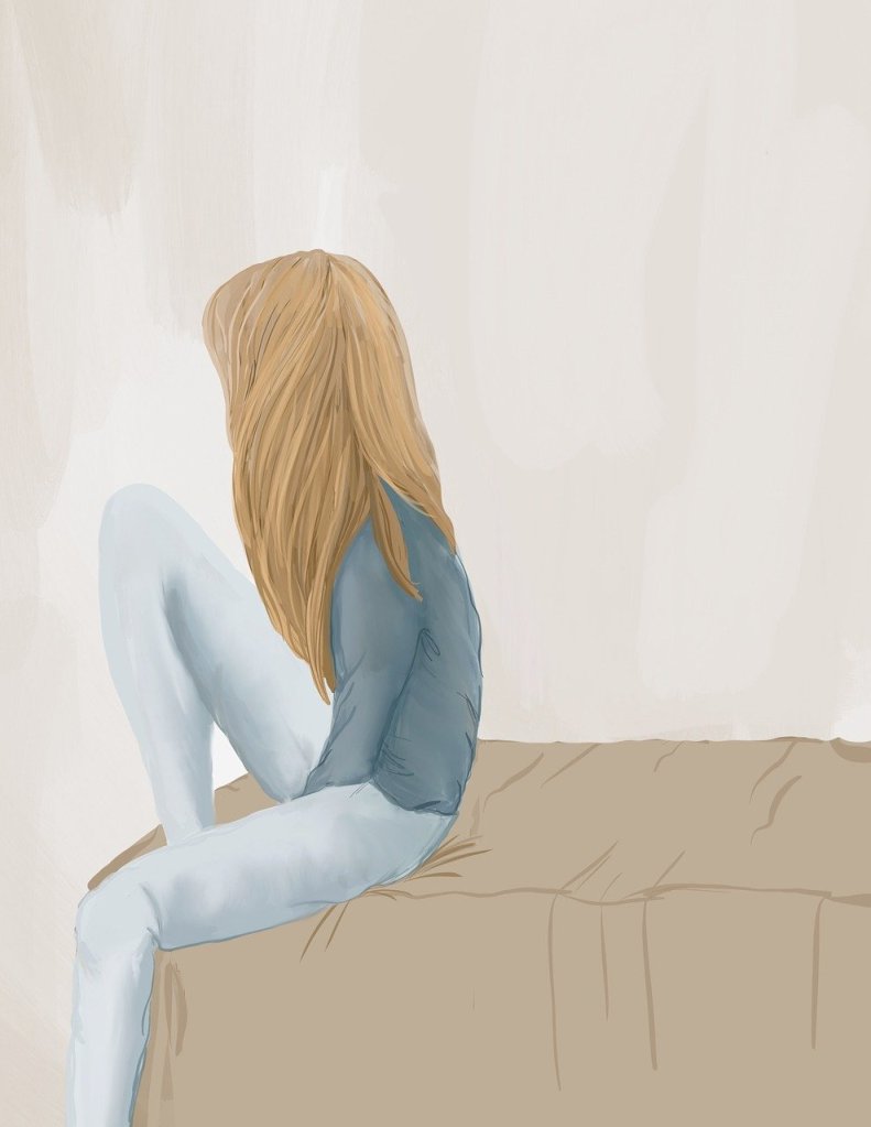 Drawing of a white woman with blond hair sitting on a bed with her hair covering her. 
Source: Pixabay.