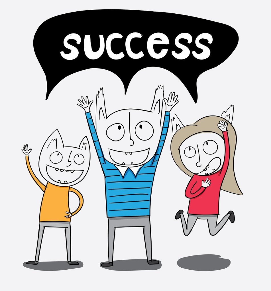 Graphic of three fox-children jumping up with a black bubble image of the word success above them.
Image sourced via Pixabay.
