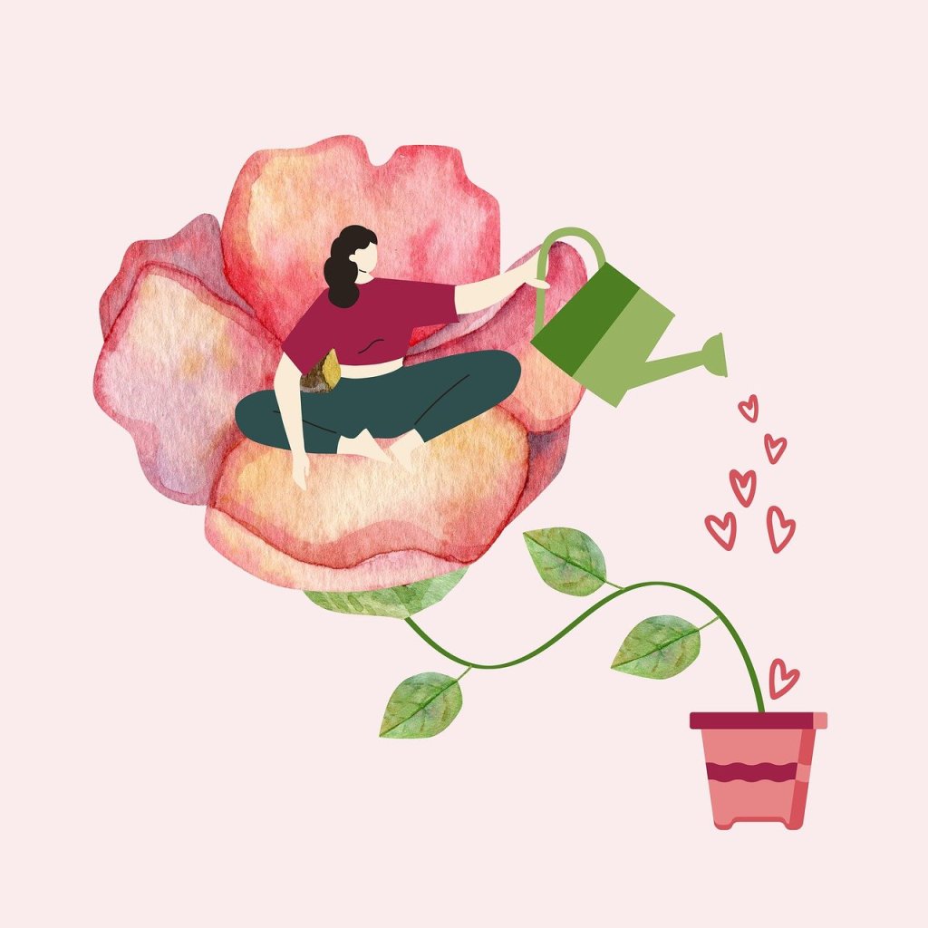 Graphic of a pink flower pot with a pink flower growing out of it and a woman with black hair watering it with a green watering can.
Image sourced via Pixabay.