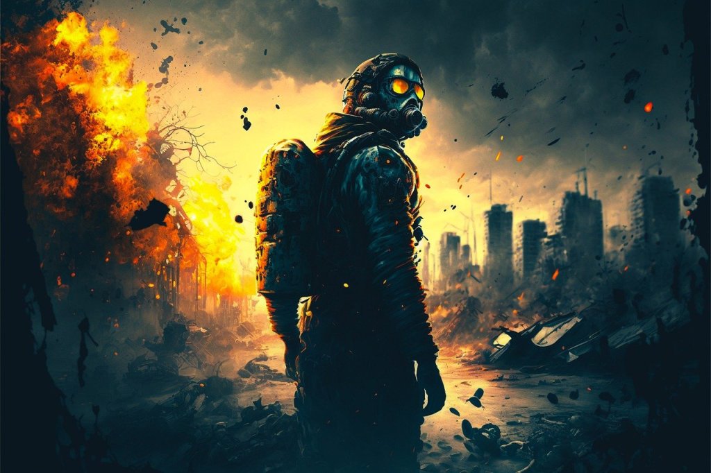 Image of a figure in a suit with a respirator amidst a destroyed city on fire. 
Image via Pixabay