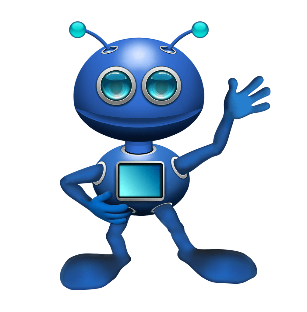 Graphic of a blue alien robot waving. 
Image sourced via Pixabay.