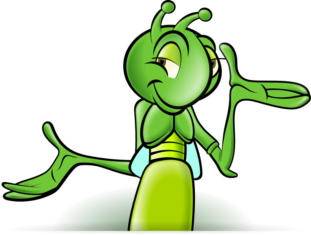 Cartoon image of a green cricket shrugging with a sly smile. 
Image sourced via Pixabay.