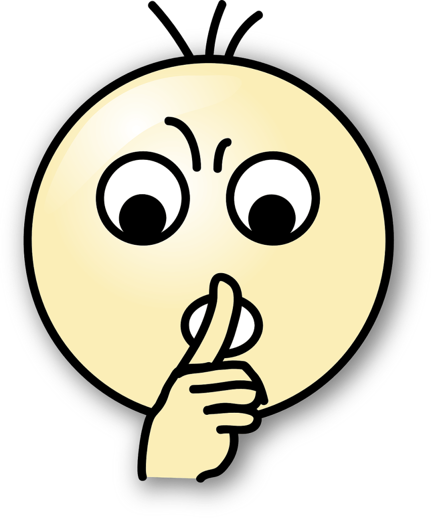 Cartoon of a yellow smiley face holding a white gloved hand to its lips in a shushing gesture.
Image via Pixabay.